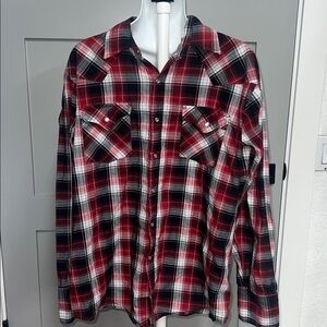 Ely Cattleman men’s red,white black plaid long sleeve shirt with pearl snaps LG